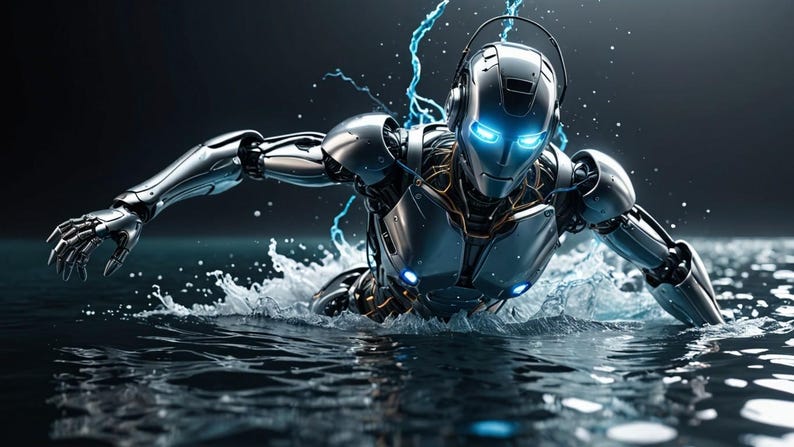K&ouml;nnte beinhalten: Ein silberner Roboter mit blau leuchtenden Augen schwimmt durch das Wasser. Der Roboter tr&auml;gt ein Headset und hat ein elegantes, futuristisches Design.
