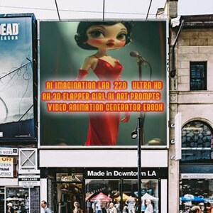 Op de afbeelding: Een straatbeeld met een groot reclamebord dat reclame maakt voor een ebook. Het reclamebord toont een cartoon-achtige vrouw in een rode jurk met een microfoon. De tekst op het reclamebord luidt: "AI IMAGINATION LAB 220 ULTRA HD 8H-3D FLAPPER GIRL AI ART PROMPTS VIDEO ANIMATION GENERATOR EBOOK."