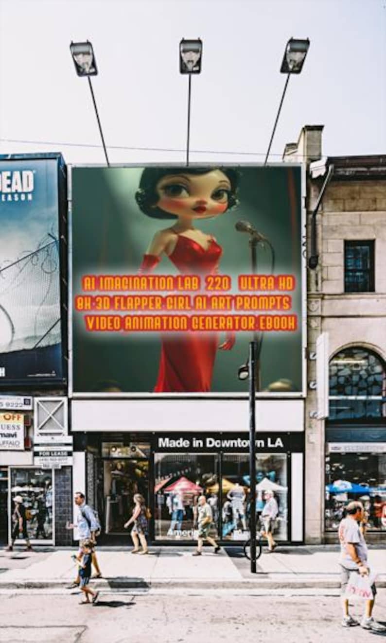 Op de afbeelding: Een straatbeeld met een groot reclamebord dat reclame maakt voor een ebook. Het reclamebord toont een cartoon-achtige vrouw in een rode jurk met een microfoon. De tekst op het reclamebord luidt: "AI IMAGINATION LAB 220 ULTRA HD 8H-3D FLAPPER GIRL AI ART PROMPTS VIDEO ANIMATION GENERATOR EBOOK."