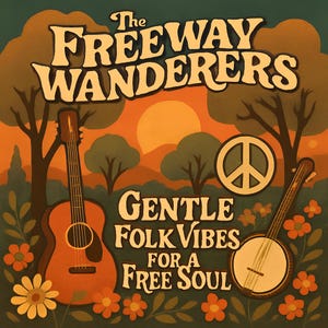 May include: A vintage-style poster with the text "The Freeway Wanderers" in a retro font. The image features a guitar, banjo, peace sign, and the words "Gentle Folk Vibes For A Free Soul" against a sunset backdrop with trees and flowers.