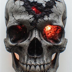 K&ouml;nnte beinhalten: Eine detaillierte, graue Sch&auml;del-Skulptur mit einer rissigen Oberfl&auml;che. Die Augenh&ouml;hlen und die Oberseite des Sch&auml;dels sind mit leuchtend rotem Licht gef&uuml;llt, was einen auff&auml;lligen Kontrast erzeugt. Die Z&auml;hne sind sichtbar und tragen zum realistischen Aussehen bei.