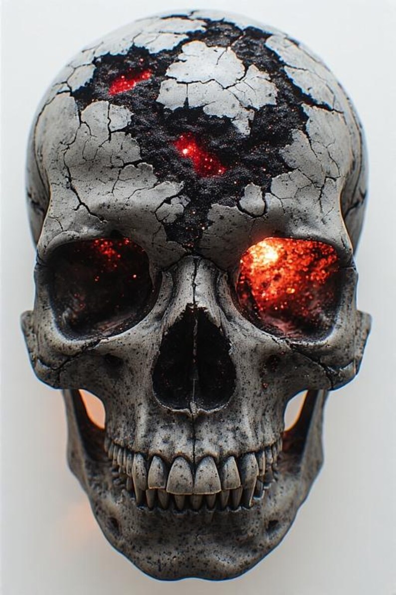 K&ouml;nnte beinhalten: Eine detaillierte, graue Sch&auml;del-Skulptur mit einer rissigen Oberfl&auml;che. Die Augenh&ouml;hlen und die Oberseite des Sch&auml;dels sind mit leuchtend rotem Licht gef&uuml;llt, was einen auff&auml;lligen Kontrast erzeugt. Die Z&auml;hne sind sichtbar und tragen zum realistischen Aussehen bei.