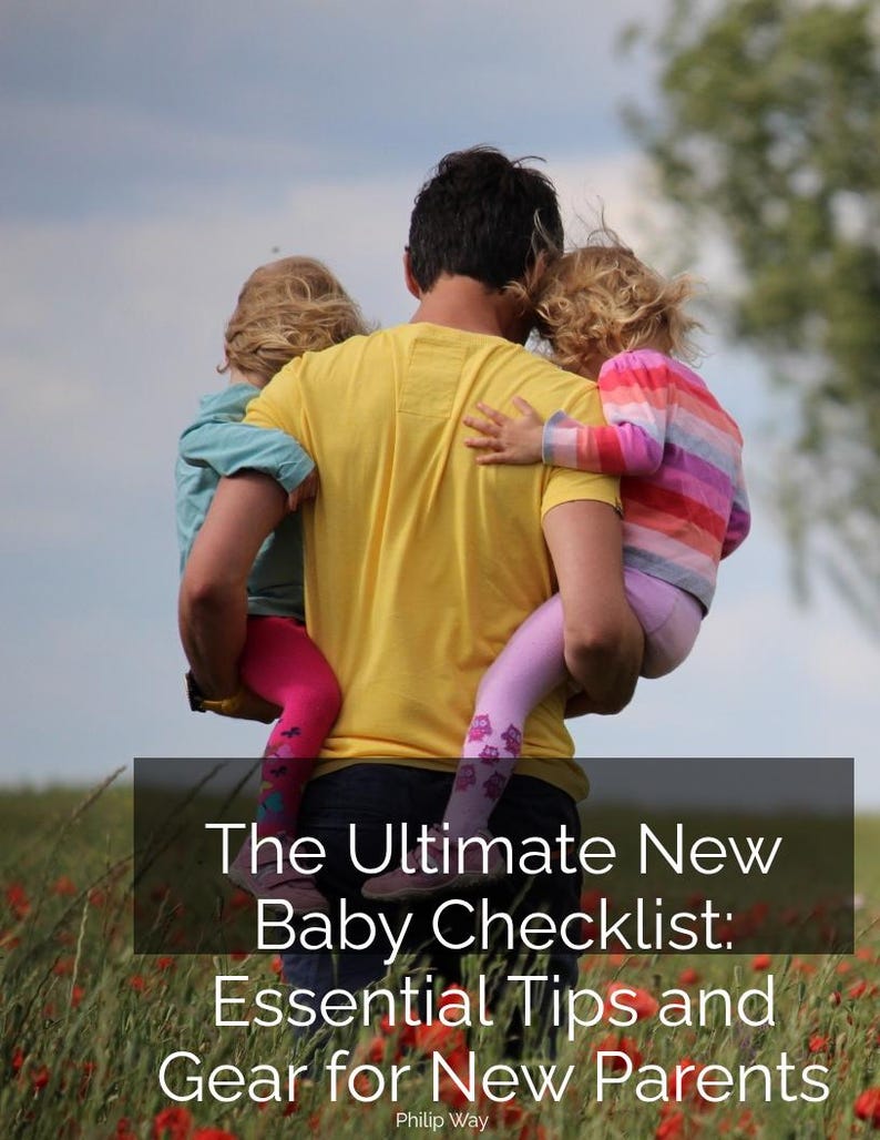 May include: A person in a yellow shirt carries two children in a field of red flowers. The children wear colorful clothing. Text on the image reads "The Ultimate New Baby Checklist: Essential Tips and Gear for New Parents."