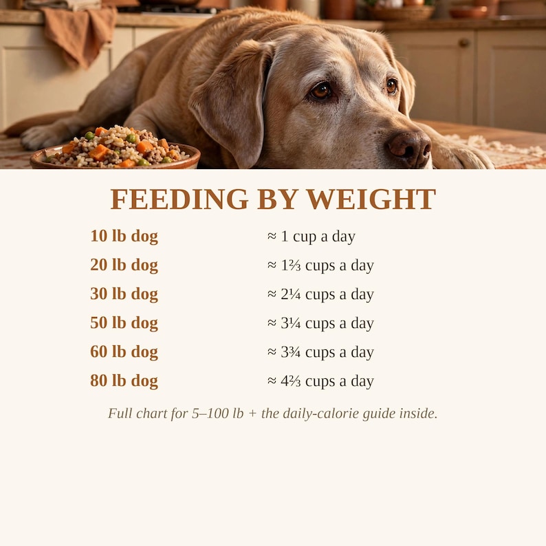 May include: A light brown Labrador dog rests behind a feeding chart titled FEEDING BY WEIGHT. The chart lists daily cup amounts for dogs weighing 10 to 80 lbs, noting a full chart for 5-100 lbs and a daily-calorie guide are included inside.