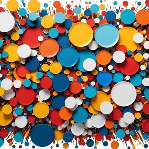 May include: Abstract background with a burst of colorful circles in red, blue, yellow, and white. The circles are arranged in a random pattern and appear to be floating in mid-air.