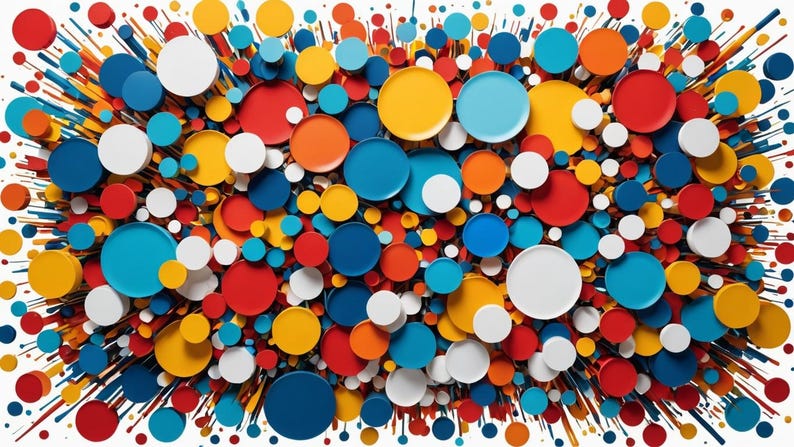 May include: Abstract background with a burst of colorful circles in red, blue, yellow, and white. The circles are arranged in a random pattern and appear to be floating in mid-air.