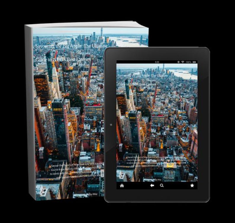 Op de afbeelding: Een boek en een tablet met dezelfde afbeelding van de skyline van New York City. De boekomslag en het tabletscherm tonen beide de titel "Savouring the Big Apple: The Ultimate Guide to NYC's Best Eateries."