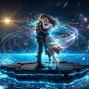 May include: A digital illustration of two figures embracing on a floating stone platform above glowing blue water. The scene features swirling light trails, a crescent moon, and a starry night sky with a bright sun-like star in the background.