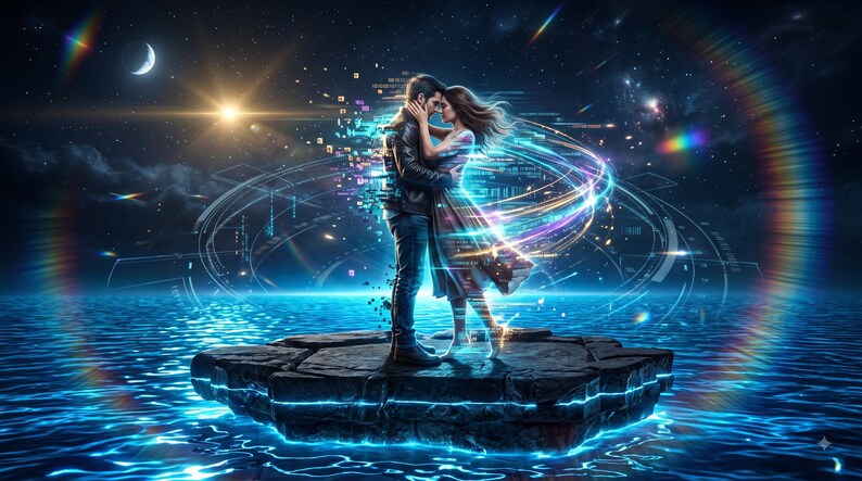May include: A digital illustration of two figures embracing on a floating stone platform above glowing blue water. The scene features swirling light trails, a crescent moon, and a starry night sky with a bright sun-like star in the background.