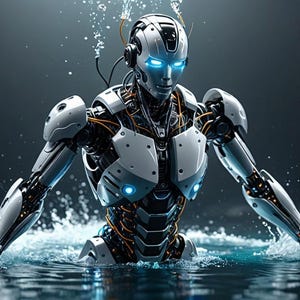K&ouml;nnte beinhalten: Eine wei&szlig;e Roboterfigur mit blau leuchtenden Augen taucht aus einem Gew&auml;sser auf. Der Roboter hat ein detailliertes mechanisches Design mit sichtbaren Dr&auml;hten und Zahnr&auml;dern.