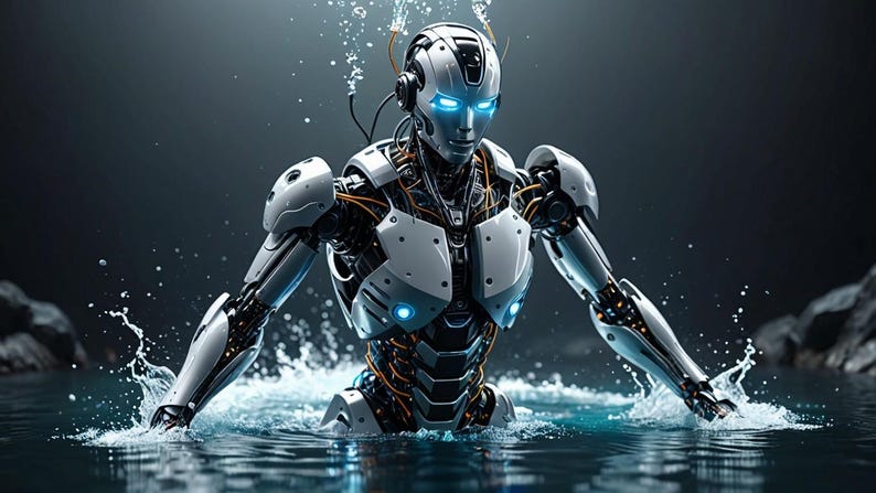 K&ouml;nnte beinhalten: Eine wei&szlig;e Roboterfigur mit blau leuchtenden Augen taucht aus einem Gew&auml;sser auf. Der Roboter hat ein detailliertes mechanisches Design mit sichtbaren Dr&auml;hten und Zahnr&auml;dern.