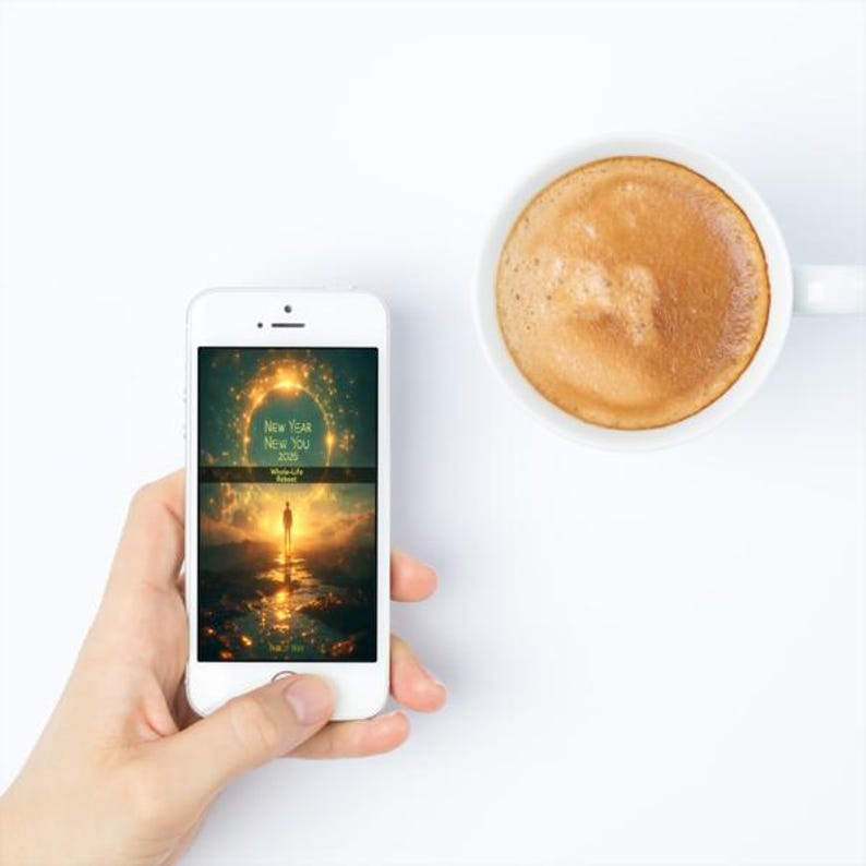 Może przedstawiać: Biały smartfon wyświetla tekst "New Year New You 2020" nad obrazem osoby w świecącym krajobrazie. Po prawej stronie znajduje się biały kubek do kawy z brązowym napojem. Scena rozgrywa się na białym tle.