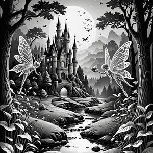 May include: A black and white illustration of a fairytale castle with a moon in the background. Two fairies with wings are flying towards the castle. The castle is surrounded by trees and a river.
