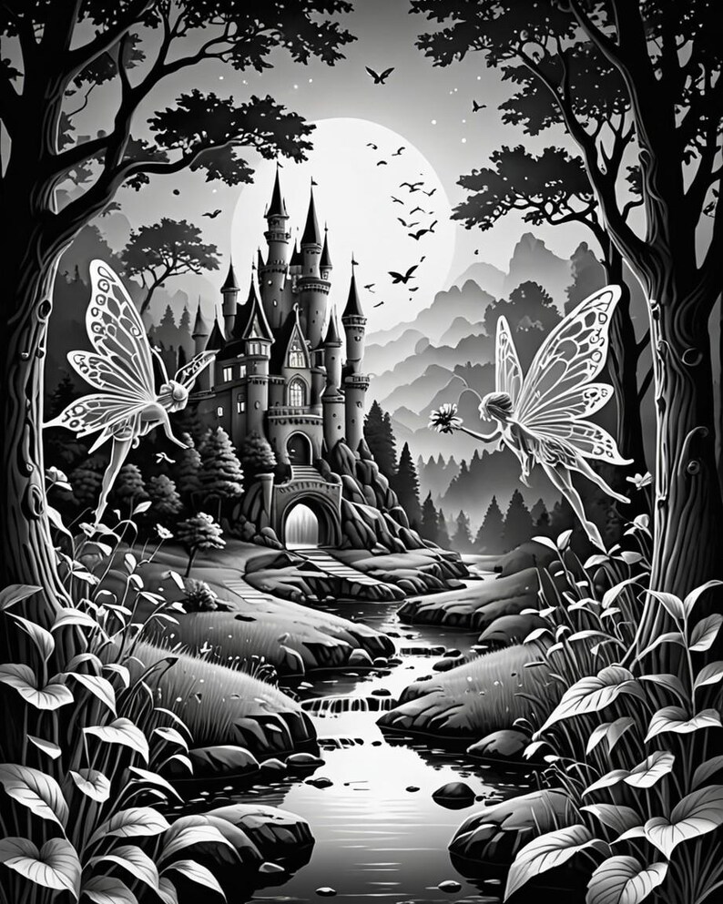 May include: A black and white illustration of a fairytale castle with a moon in the background. Two fairies with wings are flying towards the castle. The castle is surrounded by trees and a river.