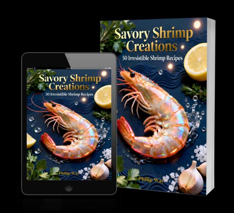 May include: A cookbook and tablet display the cover of "Savory Shrimp Creations," featuring a large shrimp, lemon slices, and garlic on a dark blue background. The book promises 50 irresistible shrimp recipes.