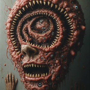 Puede incluir: Una escultura grotesca y carnosa con m&uacute;ltiples ojos, dientes afilados y una boca en forma de espiral. La escultura es de color rojo intenso con una superficie texturizada, montada en una pared gris. La imagen evoca horror y surrealismo.