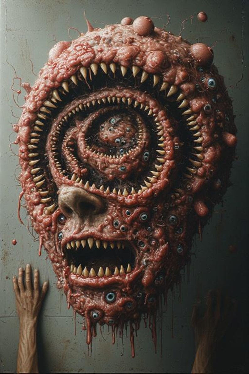 Puede incluir: Una escultura grotesca y carnosa con m&uacute;ltiples ojos, dientes afilados y una boca en forma de espiral. La escultura es de color rojo intenso con una superficie texturizada, montada en una pared gris. La imagen evoca horror y surrealismo.