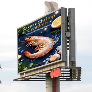 May include: A billboard displays a vibrant image of a cooked shrimp with lemon slices, garlic, and parsley. The text reads "Savory Shrimp Creations: 50 Irresistible Shrimp Recipes."