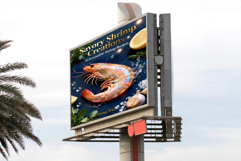 May include: A billboard displays a vibrant image of a cooked shrimp with lemon slices, garlic, and parsley. The text reads "Savory Shrimp Creations: 50 Irresistible Shrimp Recipes."