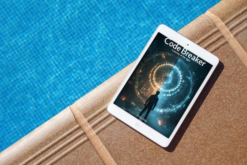 May include: A white tablet displaying the book cover of "Code Breaker: A Journey of the Ages" with a silhouette of a person. The tablet rests on a brown surface next to a blue pool.
