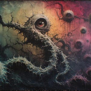 May include: Abstract painting featuring multiple eye-like shapes with varying colors, including red, green, and brown. The artwork has a dark, textured appearance with a blend of colors like purple, orange, and green, creating a surreal effect.