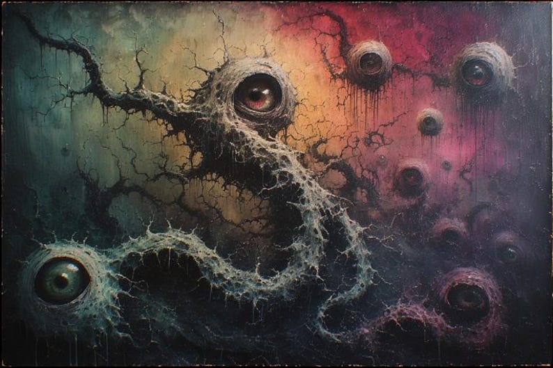May include: Abstract painting featuring multiple eye-like shapes with varying colors, including red, green, and brown. The artwork has a dark, textured appearance with a blend of colors like purple, orange, and green, creating a surreal effect.