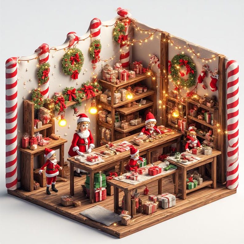 May include: A festive Christmas workshop scene with miniature figures in Santa suits. The scene includes wooden shelves filled with wrapped gifts, wreaths, and candy cane decorations. String lights and small figures add to the holiday ambiance.