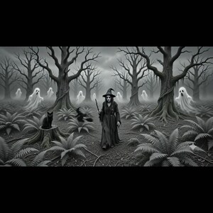 May include: A black and white illustration of a witch in a long dress and pointed hat holding a staff, standing in a forest with ferns, tree stumps, a black cat, and multiple translucent ghosts floating among the dark, leafless trees.