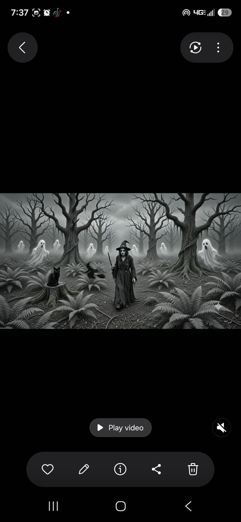 May include: A black and white illustration of a witch in a long dress and pointed hat holding a staff, standing in a forest with ferns, tree stumps, a black cat, and multiple translucent ghosts floating among the dark, leafless trees.