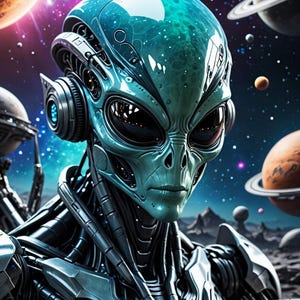 Pu&ograve; includere: Illustrazione digitale dettagliata di un alieno con testa turchese e corpo metallico. L'alieno ha grandi occhi scuri e indossa delle cuffie. Lo sfondo presenta pianeti, stelle e una nebulosa, creando una scena a tema spaziale.