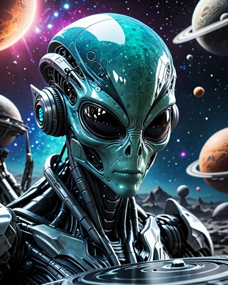 Pu&ograve; includere: Illustrazione digitale dettagliata di un alieno con testa turchese e corpo metallico. L'alieno ha grandi occhi scuri e indossa delle cuffie. Lo sfondo presenta pianeti, stelle e una nebulosa, creando una scena a tema spaziale.