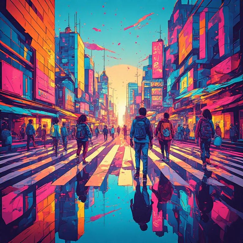 May include: An artistic illustration of a city street scene with pedestrians crossing a crosswalk. Buildings in shades of orange, pink, and blue line the street. The image has a vibrant, colorful style with reflections in the wet pavement.