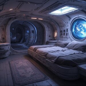 Op de afbeelding: Een interieur van een futuristische slaapkamer in een ruimteschip. De kamer heeft een bed met grijs beddengoed, een vloerkleed en een groot rond raam met uitzicht op de aarde. De muren en het plafond zijn metaalachtig met ingebouwde verlichting.