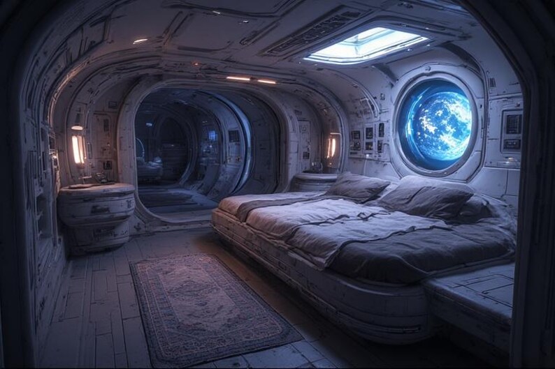 Op de afbeelding: Een interieur van een futuristische slaapkamer in een ruimteschip. De kamer heeft een bed met grijs beddengoed, een vloerkleed en een groot rond raam met uitzicht op de aarde. De muren en het plafond zijn metaalachtig met ingebouwde verlichting.