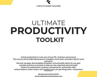 May include: A promotional image for the "Ultimate Productivity Toolkit" featuring a calculator, charts, and text. The design incorporates yellow and black geometric shapes. The text promotes productivity strategies, smart tools, and expert tips for work and home.