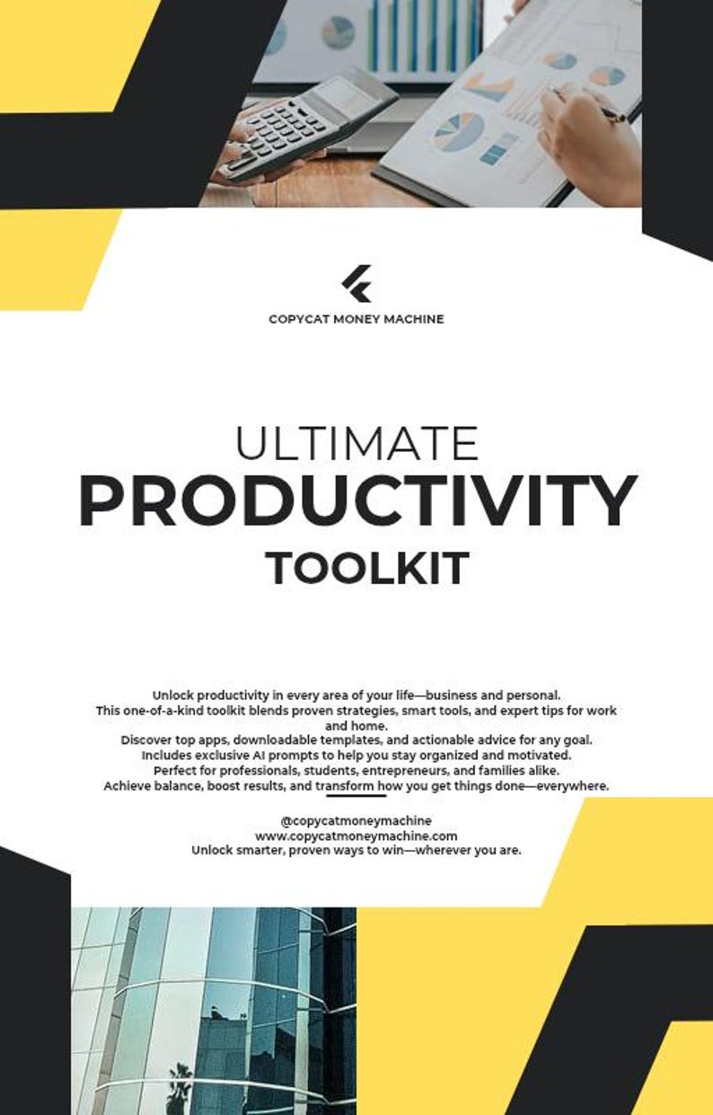 May include: A promotional image for the "Ultimate Productivity Toolkit" featuring a calculator, charts, and text. The design incorporates yellow and black geometric shapes. The text promotes productivity strategies, smart tools, and expert tips for work and home.