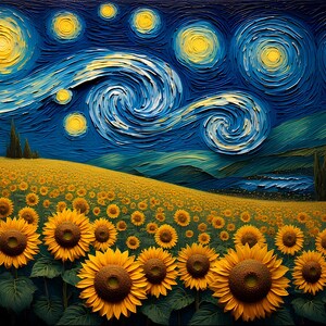 Op de afbeelding: Een levendig schilderij toont een veld met zonnebloemen onder een wervelende nachthemel. De lucht is diepblauw met grote, getextureerde gele sterren en een opvallende, wervelende wolkenformatie. De zonnebloemen staan in volle bloei.