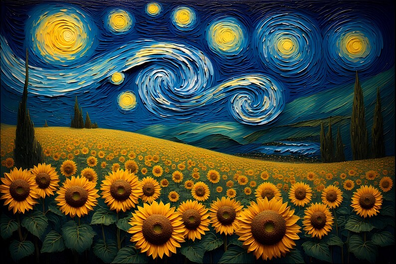 Op de afbeelding: Een levendig schilderij toont een veld met zonnebloemen onder een wervelende nachthemel. De lucht is diepblauw met grote, getextureerde gele sterren en een opvallende, wervelende wolkenformatie. De zonnebloemen staan in volle bloei.