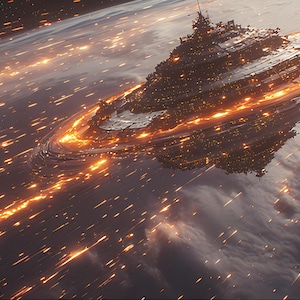 Op de afbeelding: Een futuristisch ruimteschip met een ringvormige structuur, verlicht met heldere oranje en gele lichten, zweeft boven een planeet. De sc&egrave;ne speelt zich af tegen een achtergrond van ruimte en wolken, met lichtstrepen.