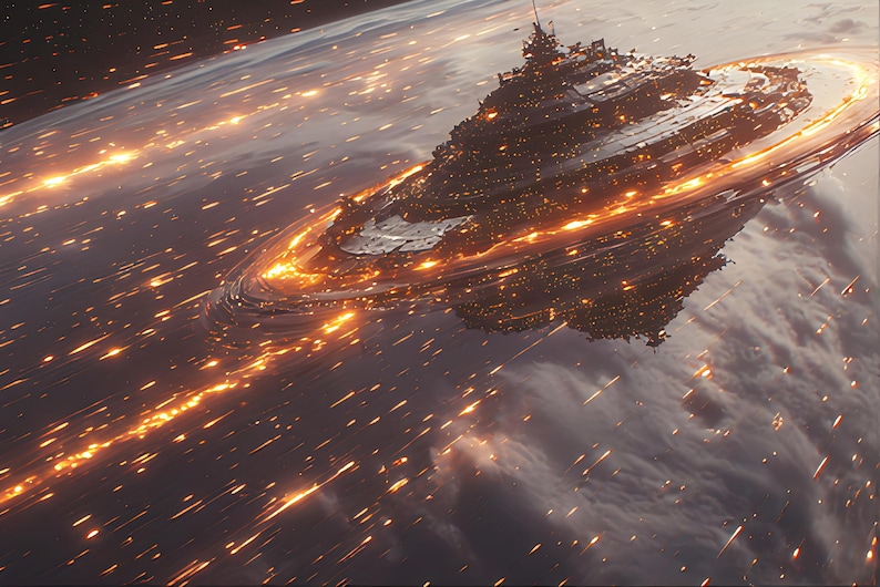 Op de afbeelding: Een futuristisch ruimteschip met een ringvormige structuur, verlicht met heldere oranje en gele lichten, zweeft boven een planeet. De sc&egrave;ne speelt zich af tegen een achtergrond van ruimte en wolken, met lichtstrepen.
