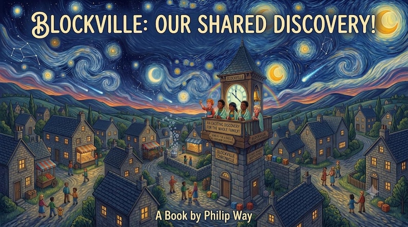 Puede incluir: Una portada de libro titulada Blockville: Our Shared Discovery! de Philip Way. La ilustraci&oacute;n muestra una torre de reloj de piedra en un pueblo bajo un cielo nocturno estrellado y giratorio. Personas en el balc&oacute;n y caminando por las calles.