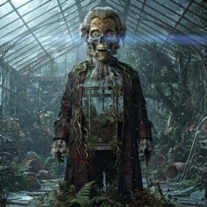 May include: A figure with a skull head featuring gold mechanical gear details, wearing a long dark coat adorned with hanging vines and foliage. The figure stands in a glass-walled greenhouse filled with overgrown plants, ferns, and scattered pots.