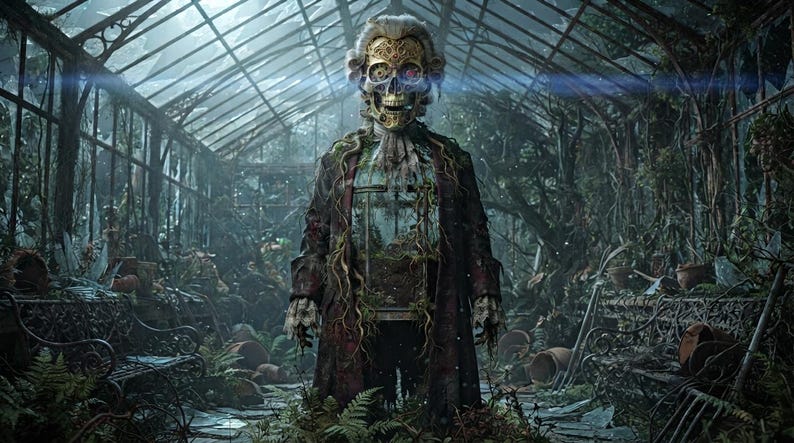 May include: A figure with a skull head featuring gold mechanical gear details, wearing a long dark coat adorned with hanging vines and foliage. The figure stands in a glass-walled greenhouse filled with overgrown plants, ferns, and scattered pots.