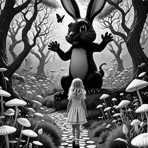 K&ouml;nnte beinhalten: Eine Schwarzwei&szlig;illustration eines gro&szlig;en Kaninchens mit einem wei&szlig;en Streifen &uuml;ber der Brust, das in einem Wald steht, in dem ein junges M&auml;dchen in einem wei&szlig;en Kleid auf einem Steinweg auf das Kaninchen zugeht. Der Wald ist voller wei&szlig;er Pilze.