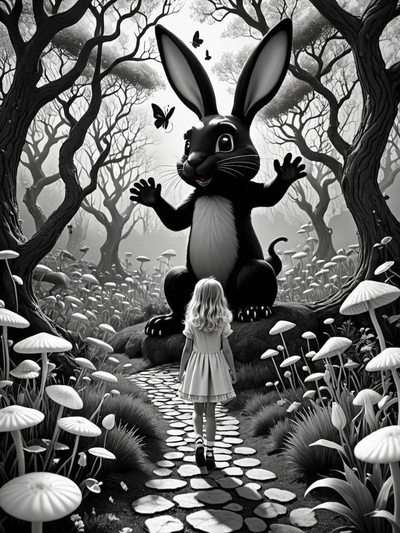 K&ouml;nnte beinhalten: Eine Schwarzwei&szlig;illustration eines gro&szlig;en Kaninchens mit einem wei&szlig;en Streifen &uuml;ber der Brust, das in einem Wald steht, in dem ein junges M&auml;dchen in einem wei&szlig;en Kleid auf einem Steinweg auf das Kaninchen zugeht. Der Wald ist voller wei&szlig;er Pilze.