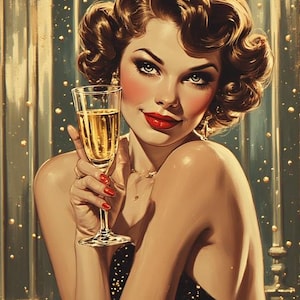 Op de afbeelding: Illustratie van een vrouw met bruin haar die een champagnefluit vasthoudt. Ze heeft rode lippenstift en nagellak. De achtergrond is een blauwgroene kleur met gouden accenten, wat een vintage, feestelijk thema cre&euml;ert.