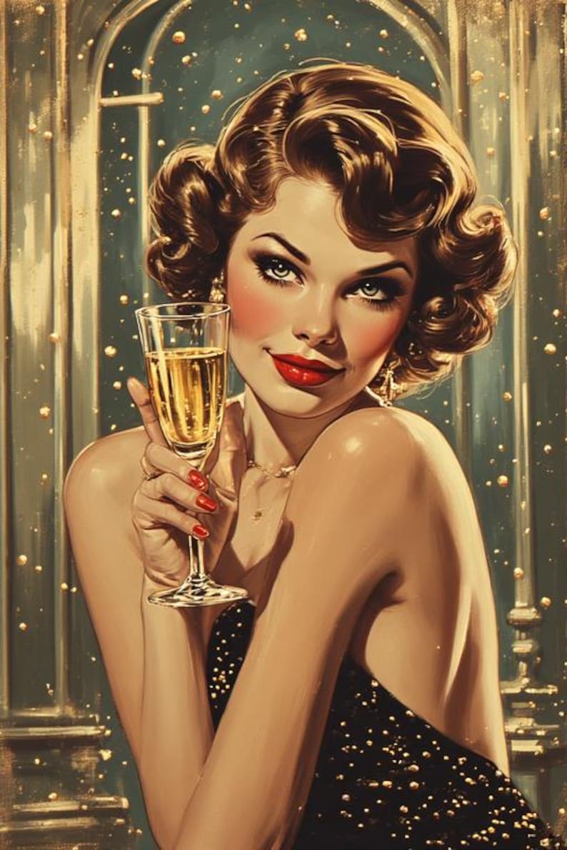 Op de afbeelding: Illustratie van een vrouw met bruin haar die een champagnefluit vasthoudt. Ze heeft rode lippenstift en nagellak. De achtergrond is een blauwgroene kleur met gouden accenten, wat een vintage, feestelijk thema cre&euml;ert.