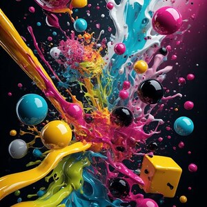 Pu&ograve; includere: Arte digitale astratta con vivaci spruzzi di colore e sfere fluttuanti. L'opera presenta una composizione dinamica con vernice fluida nei toni del giallo, blu, rosa e bianco, insieme a sfere nere lucide e colorate e un dado giallo.