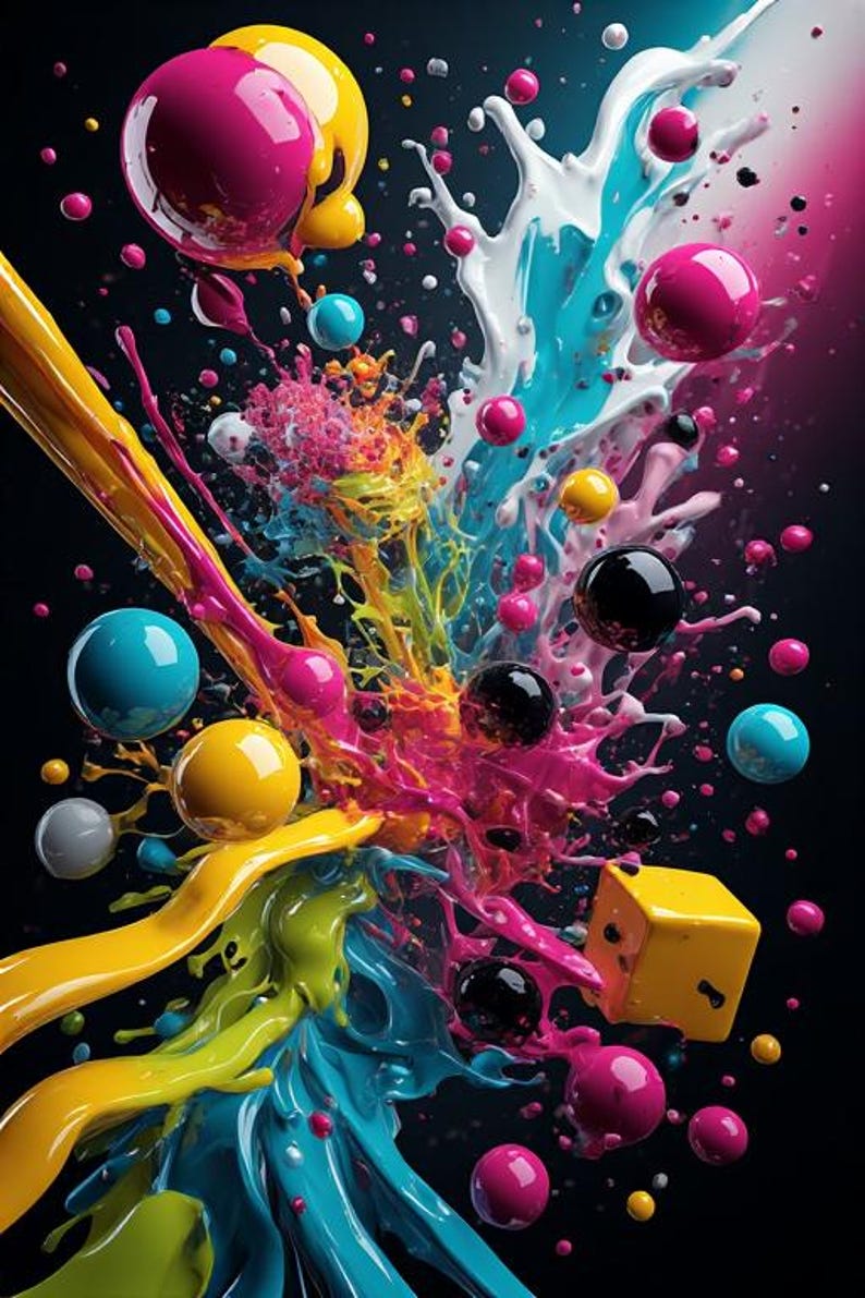 Pu&ograve; includere: Arte digitale astratta con vivaci spruzzi di colore e sfere fluttuanti. L'opera presenta una composizione dinamica con vernice fluida nei toni del giallo, blu, rosa e bianco, insieme a sfere nere lucide e colorate e un dado giallo.
