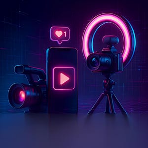 May include: A digital illustration featuring a smartphone with a play button icon, a video camera, and a camera on a tripod with a pink and blue ring light. A heart icon with the number 1 is also present. The background has a grid pattern.